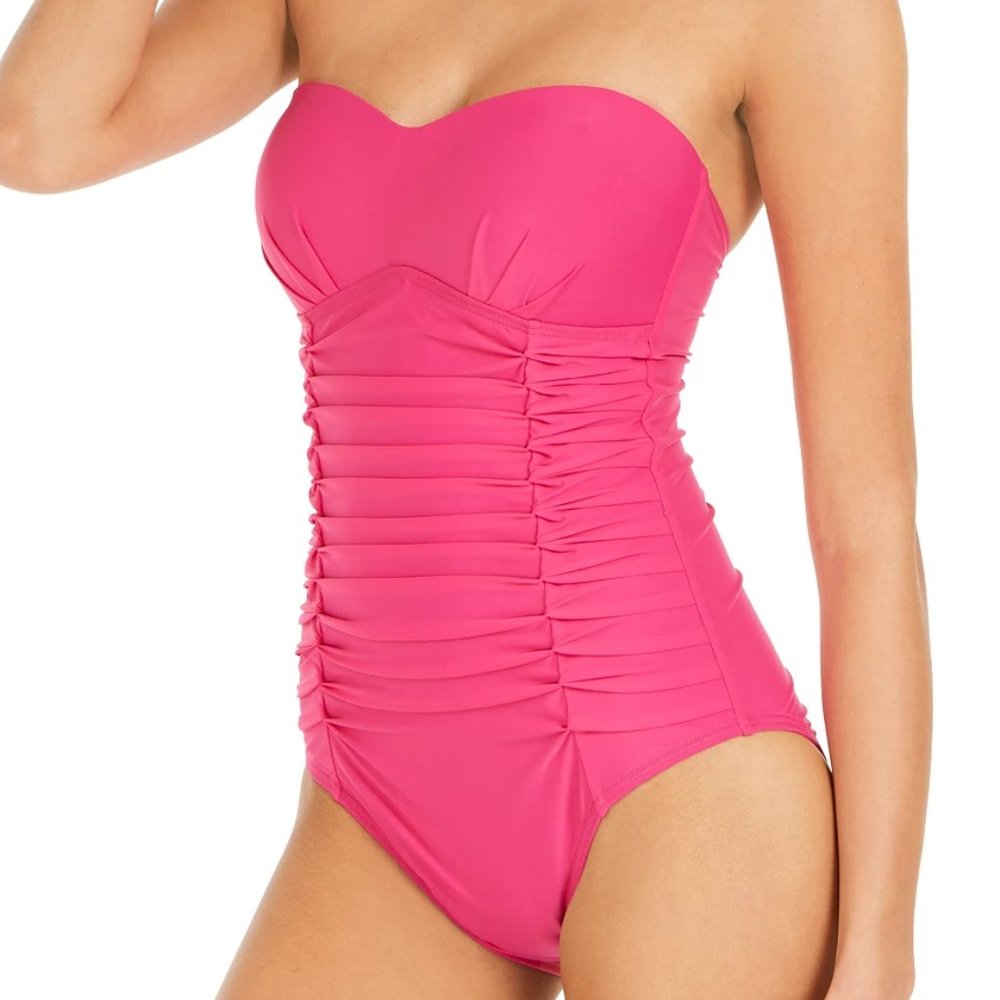 DKNY Liquid Pleated Bandeau Tummy Control One-Piece Swimsuit